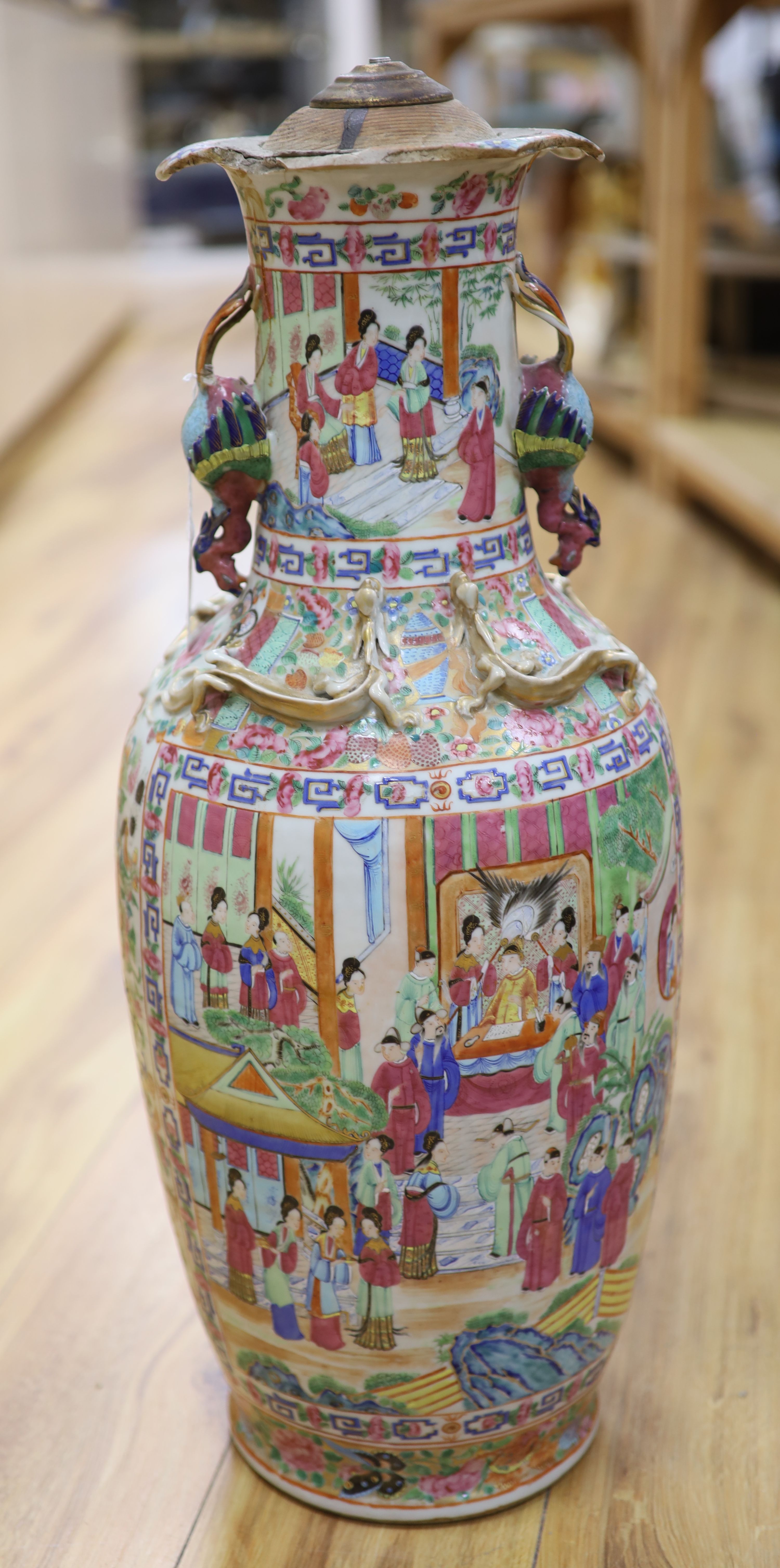 A large Chinese famille rose vase, Daoguang, mounted as a lamp, height 62cm